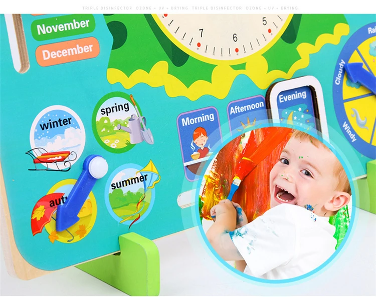 
Wood material Multifunctional calendar clock toy with 7 parts for kids preschool education 