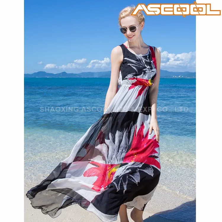Dry cleaning elegant sleeveless 100% silk bohemian pattern long beach dress