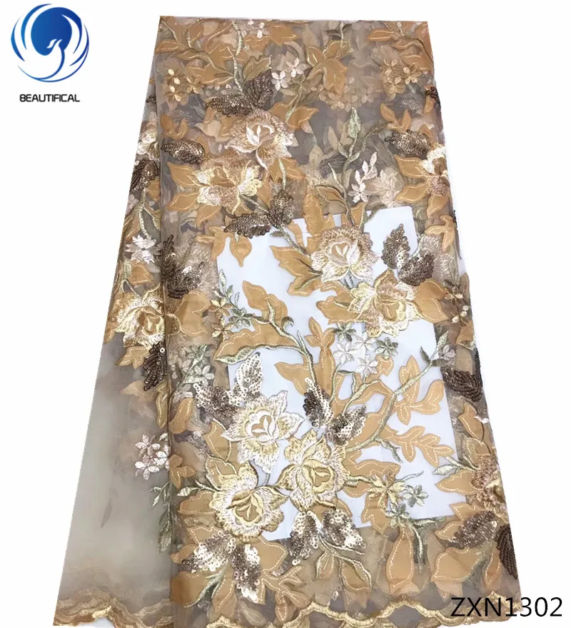 Beautifical african fabric mesh flower embroidery sequin net lace navy blue tulle ZXN13