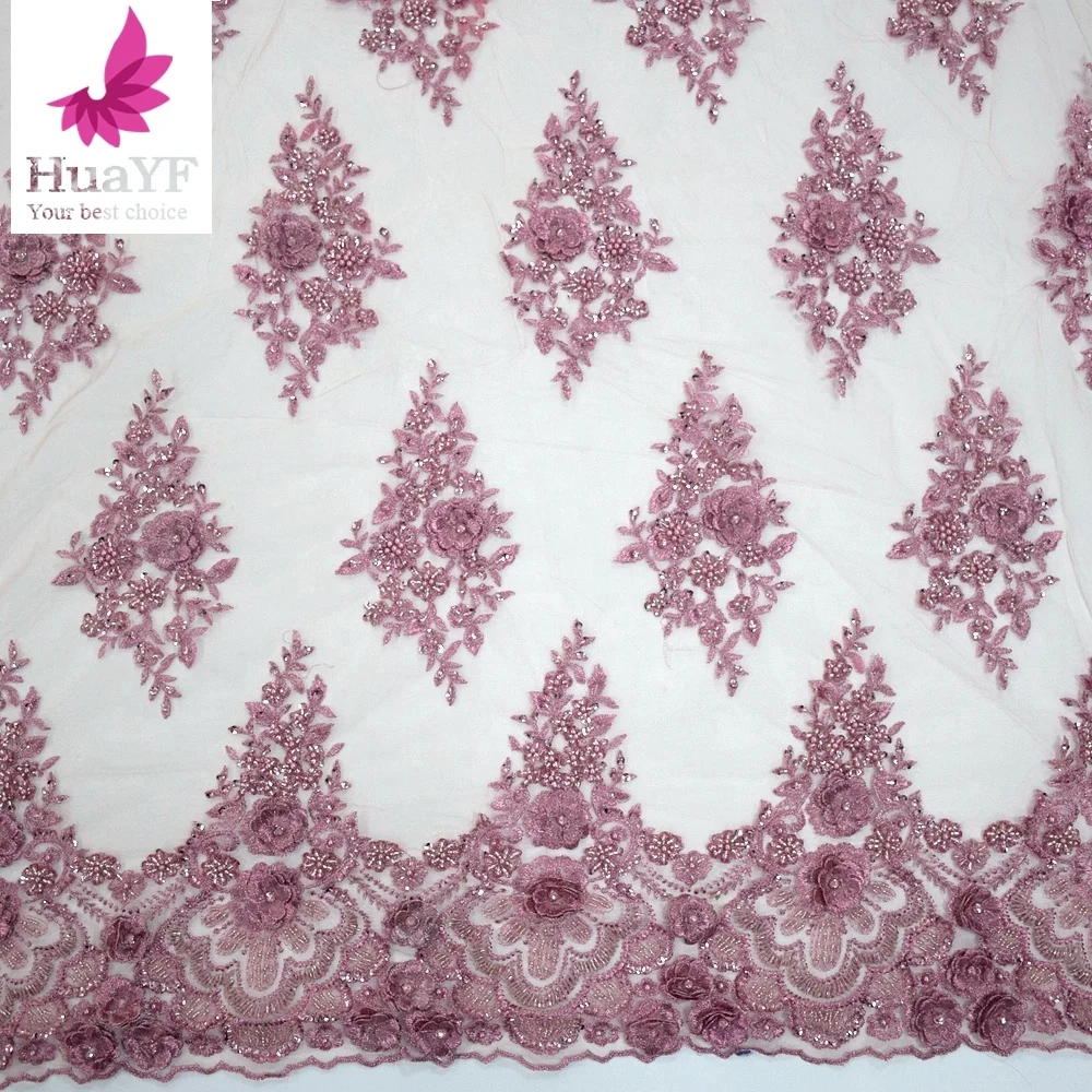 Latest products pink flower embroidery tulle fabric high quality bridal lace with beads fabric in market HY0993-1