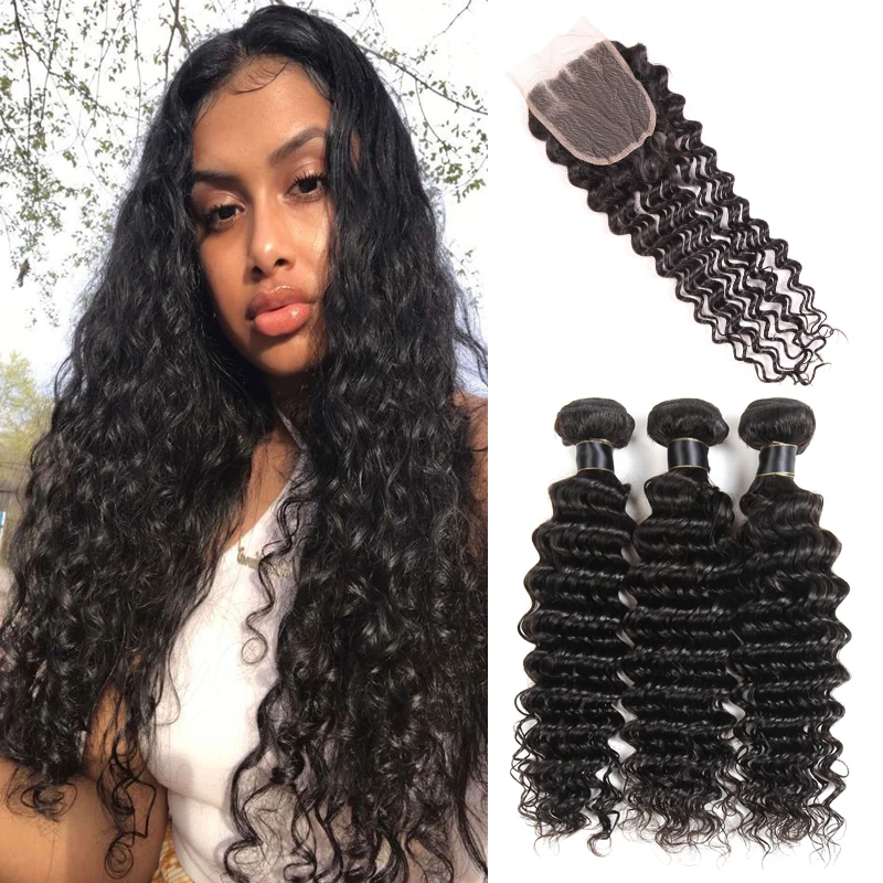 
Mink Brazilian Hair Unprocessed Hair Wholesale Vendors 9A Brazilian Deep Wave Bundles With Closure Human Hair Weave Bundles 