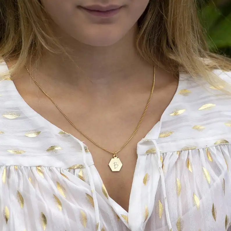 Personalised geometric necklace gold hexagon pendant blank for engrave