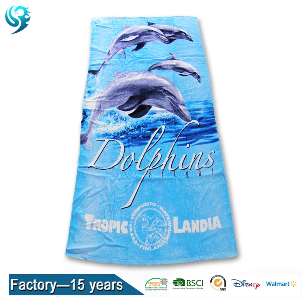 China Factory 100% Cotton Reactive Printed Custom Dolphin sea printed beach towel
