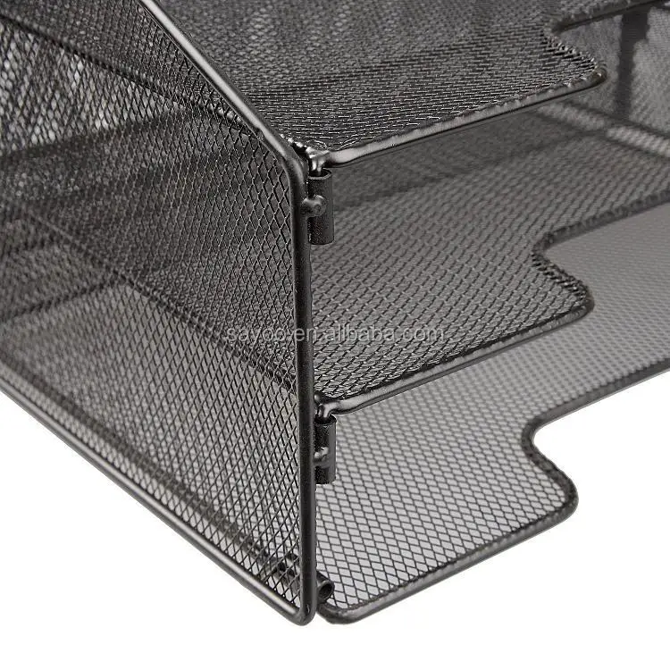 New design black metal mesh three layer file document tray