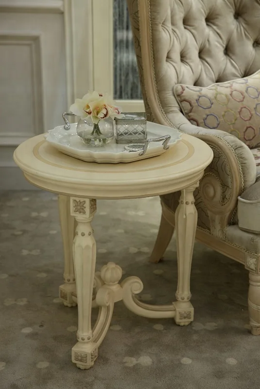 Bisini Ivory cream color antique wooden hand carved fancy round coffee table - BF07-10135