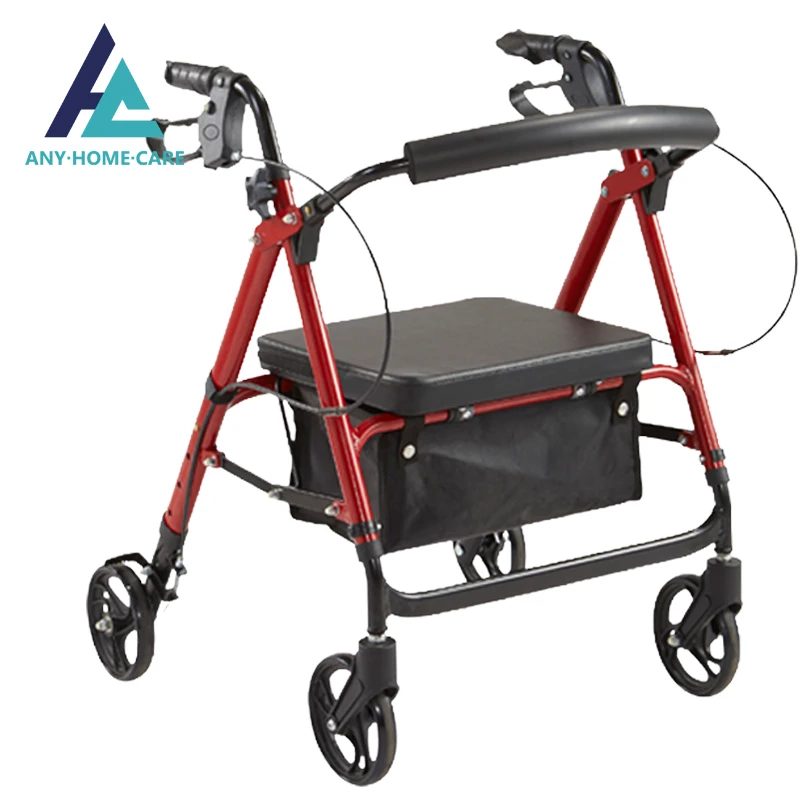 Red colour height adjustable aluminium rollator walker with handle and brakes