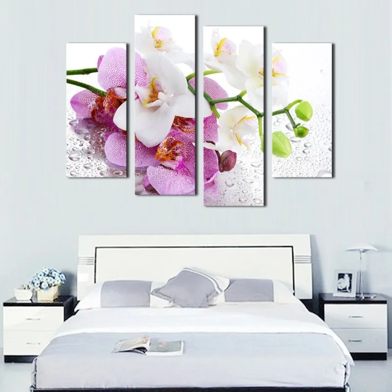Living Room Decoration Print 4 Panel Floral Wall Art Painting Canvas Waterproof Flower Modern Shrink Wrap 3 Days 2 Years Accept