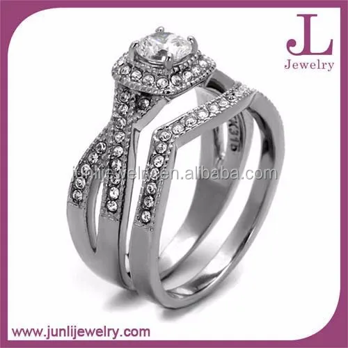 2 Pieces Diamond Ring Set Stainless Steel Fashion Engagement Wedding Ring