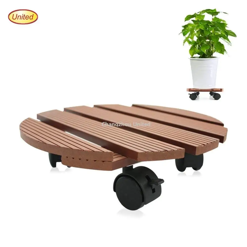 Round Outdoor Plant Caddy WPC Weather Rot Rustproof Ball Bearing Casters Brakes Double Layers Indoor Dolly with wheels