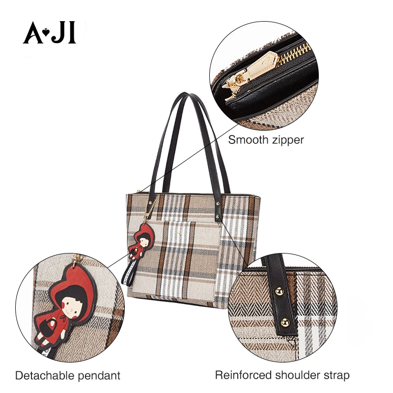 
AJI Large Capacity PU+Canvas Plaid Fashion Design Women Tote Bag European Shoulder Bags For Leisure 