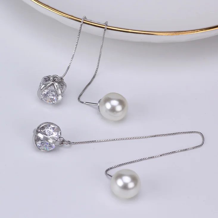 Fashion Tiny Box Chain Put Through Earrings Pearl and CZ Charm Dangling Earrings