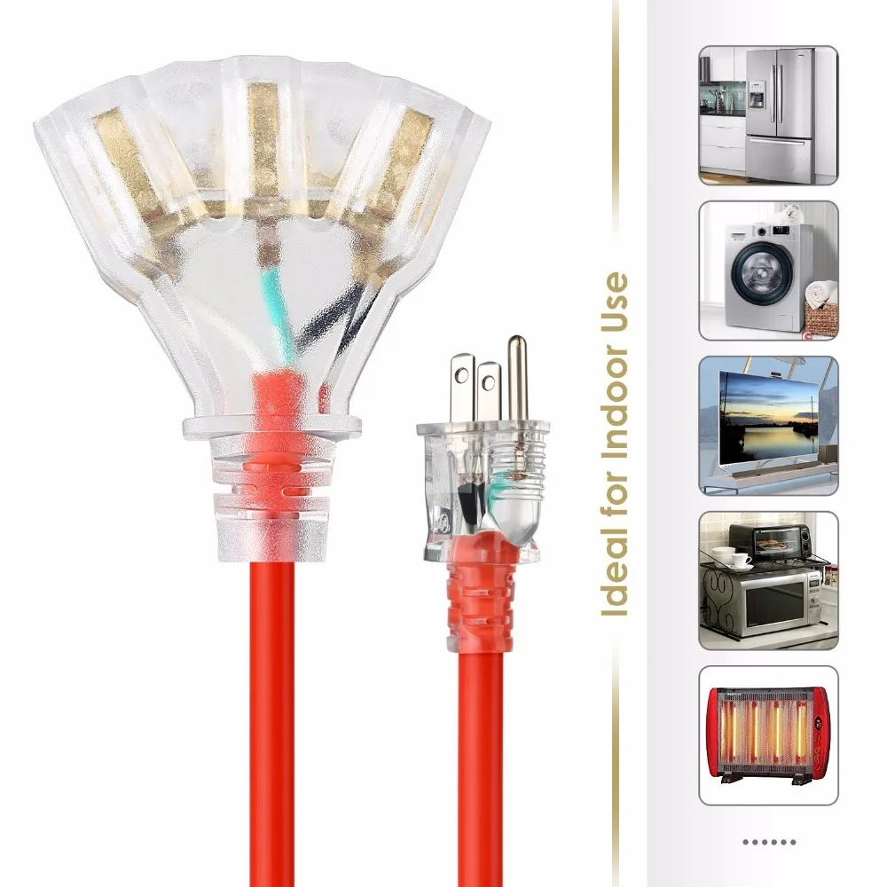 25ft 14/3 Extension Cord Lighted Indoor Outdoor Power Cord Triple Outlets