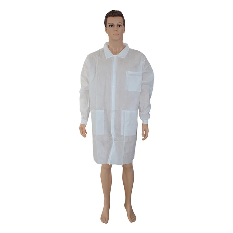 Disposable 30-40gsm SMS Lab Coat with Shirt Collar White Blue Green for Option