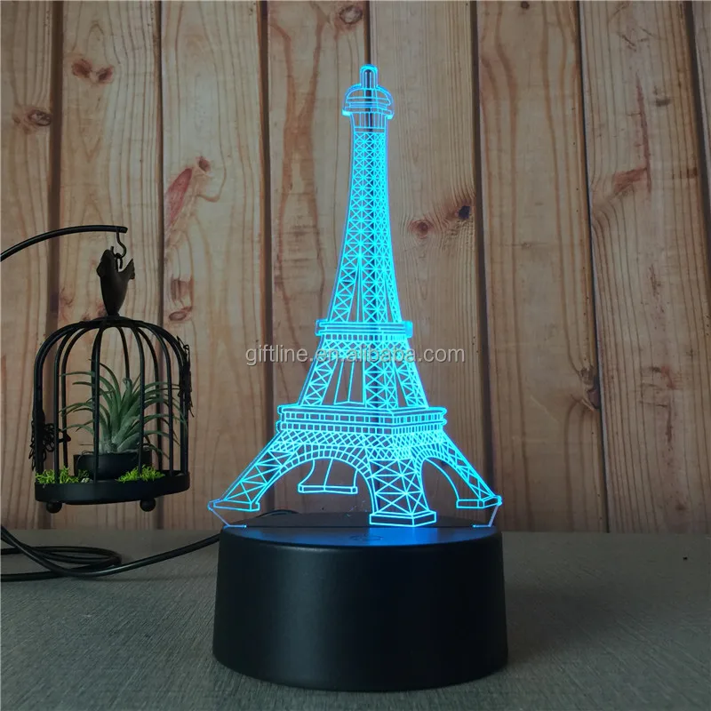 Custom The Eiffel Tower Acrylic 7 Colorful 3D Optical Illusion Night Light LED Table Desk Lamp
