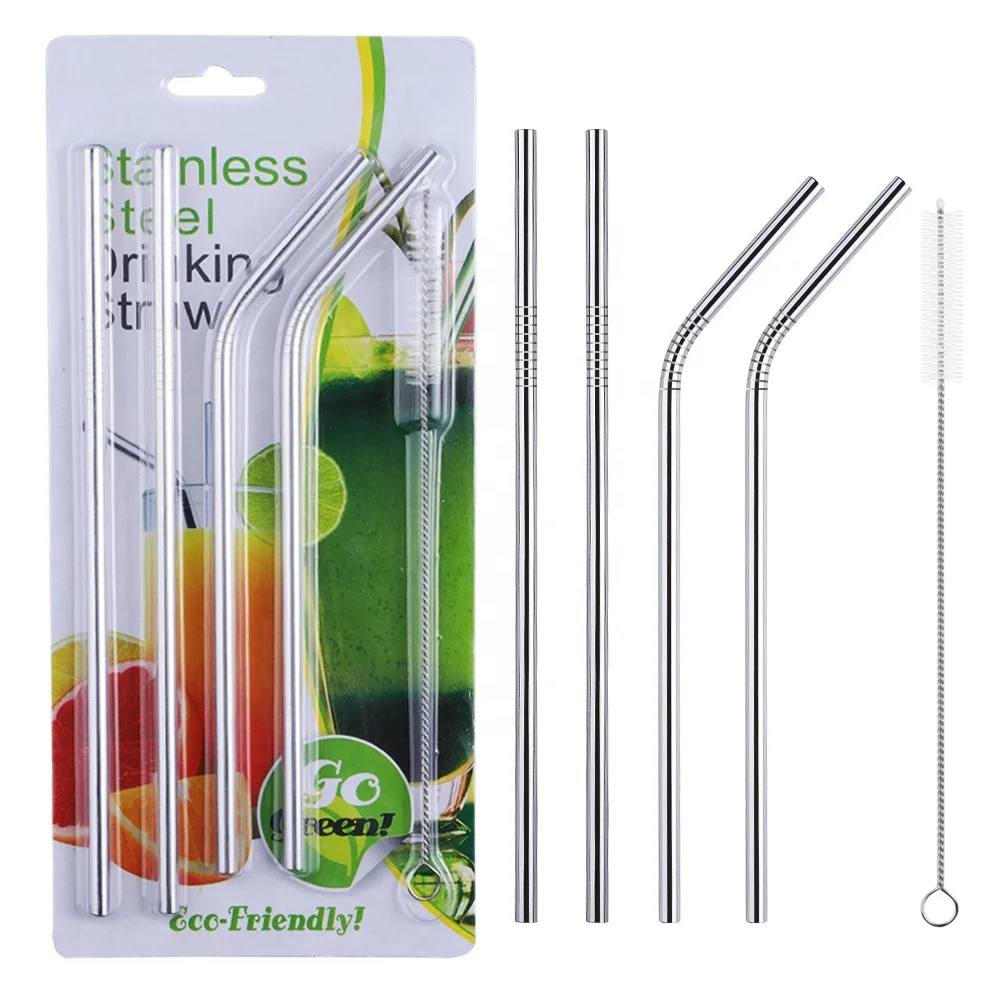 
5pcs set eco friendly reusable straws with straw brush cleaner packed in blister for restaurant promotion 