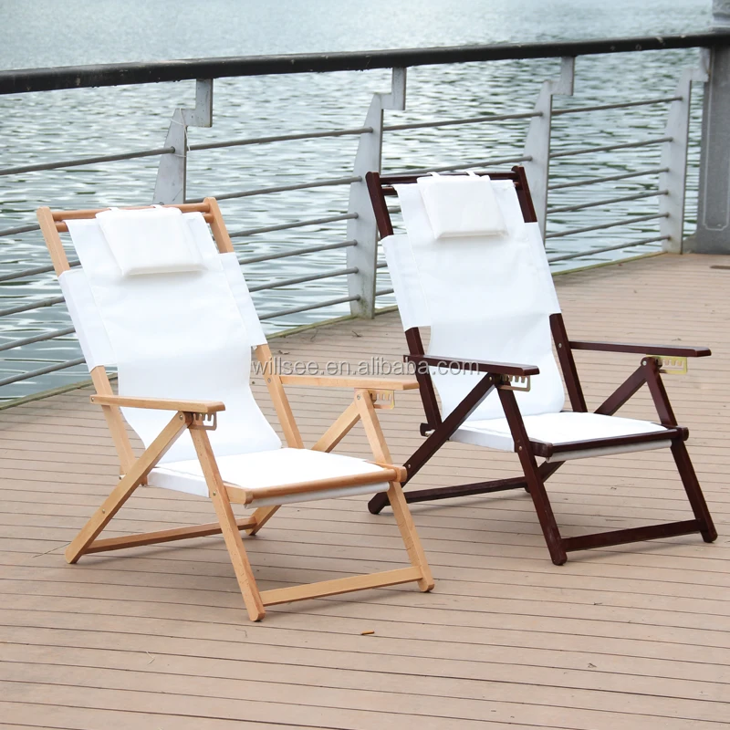 HE-1055,Promotional wooden folding beach deck chair,wood fabric deck chair with pillow with footrest