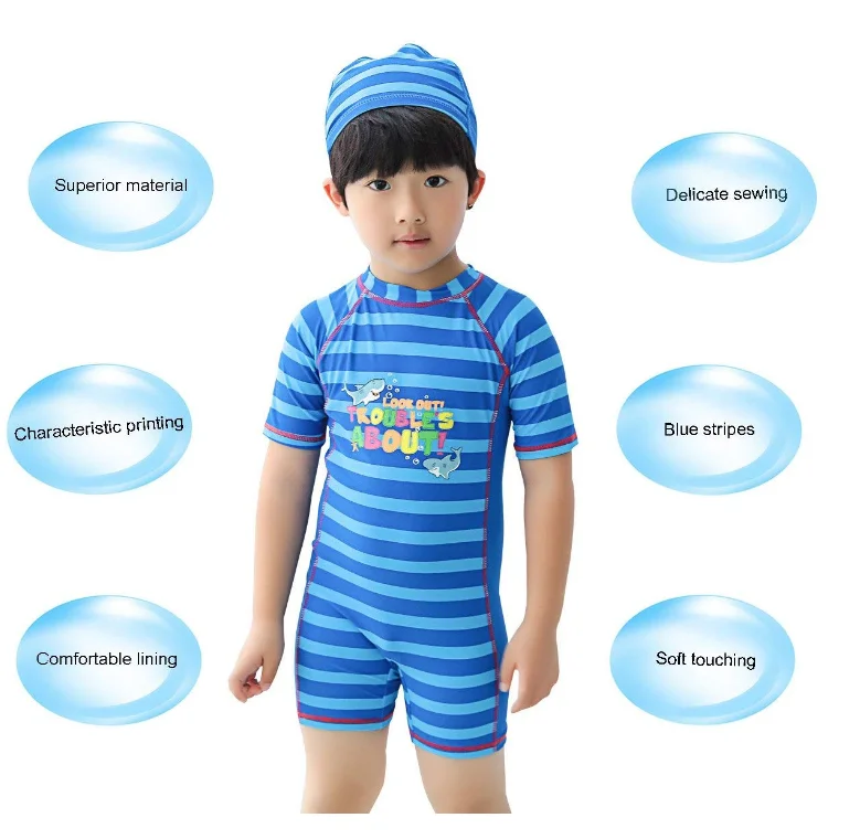  Костюм для серфинга с шапочкой мальчиков полосатый купальник малышей Детский Гидрокостюм коротким рукавом детский солнцезащитный костюм плавательная рубашка младенцев