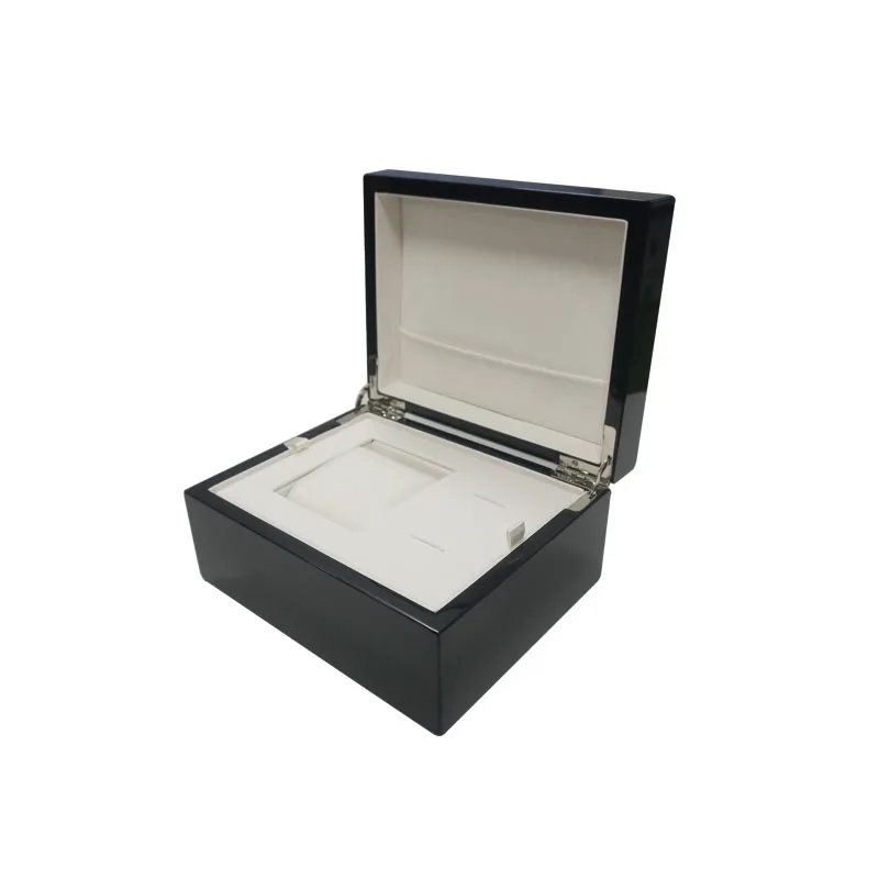 
HSMA luxury watch storage packaging black glossy lacquer wooden watch gift box with removable insert 