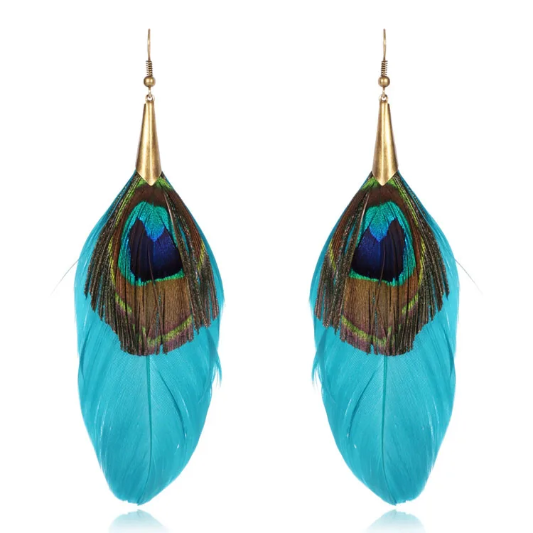 Fashion jewelry long blue peacock feather sexy earrings