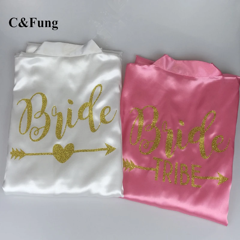 
C&Fung new Personalized Bridal Party Robes bride tribe arrow design bridesmaid soft satin shower bath gift Wedding Robe S-XXL 