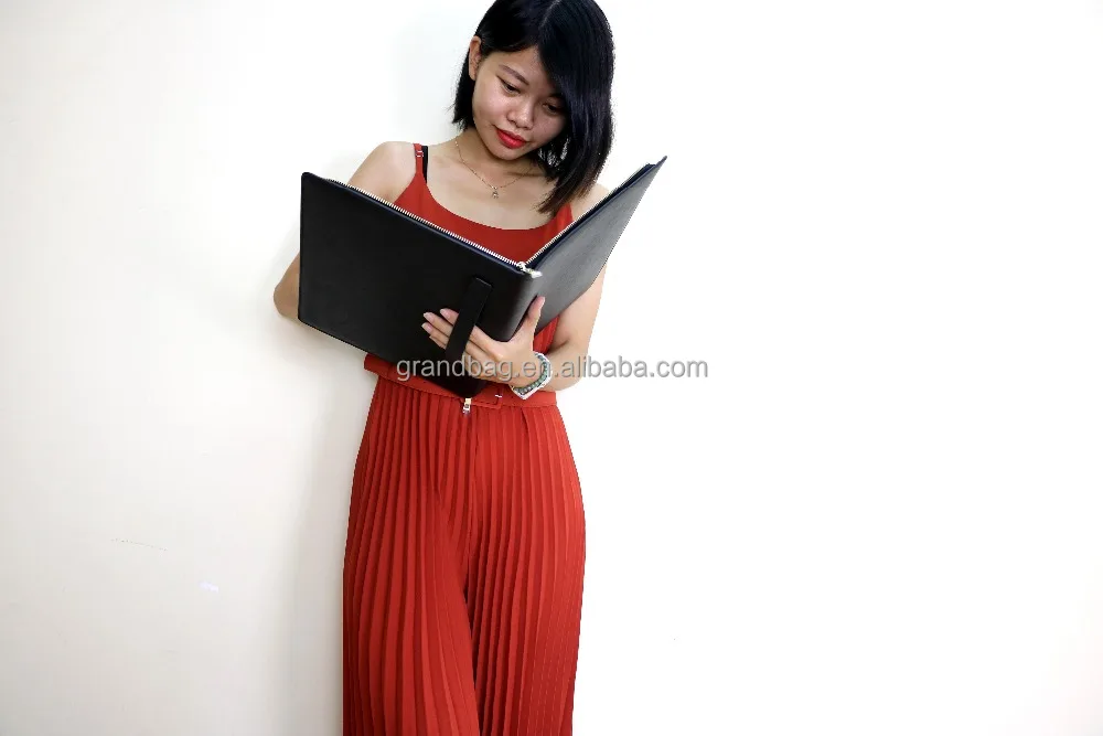 Luxury genuine saffiano leather A4 compendium Zip around smooth leather strap business portfolio