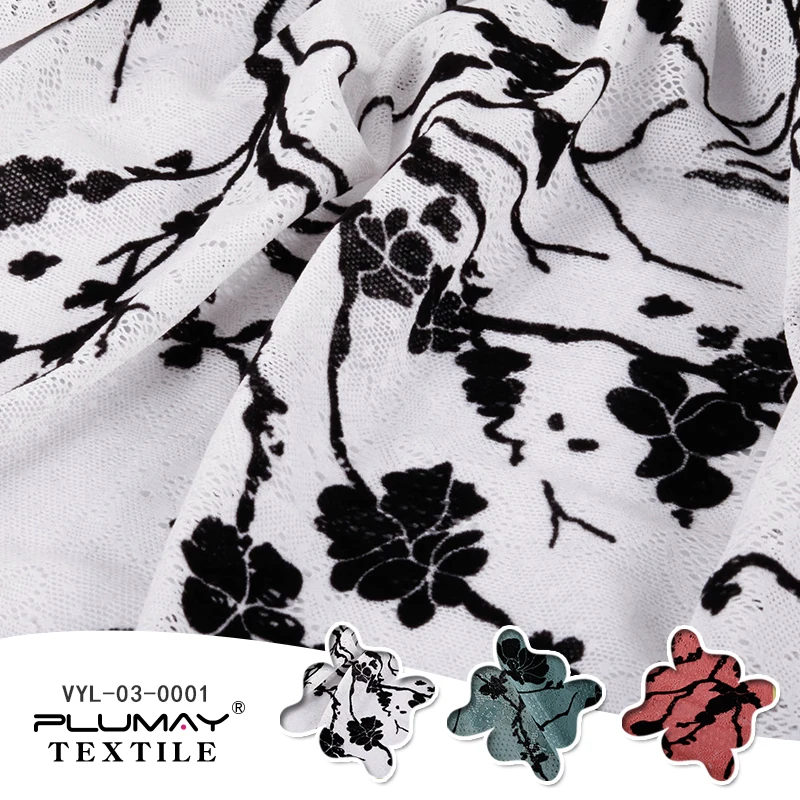 lace fabric with 92%Nylon 8%Spandex 4 way stretch white flocking fabric for garment dress