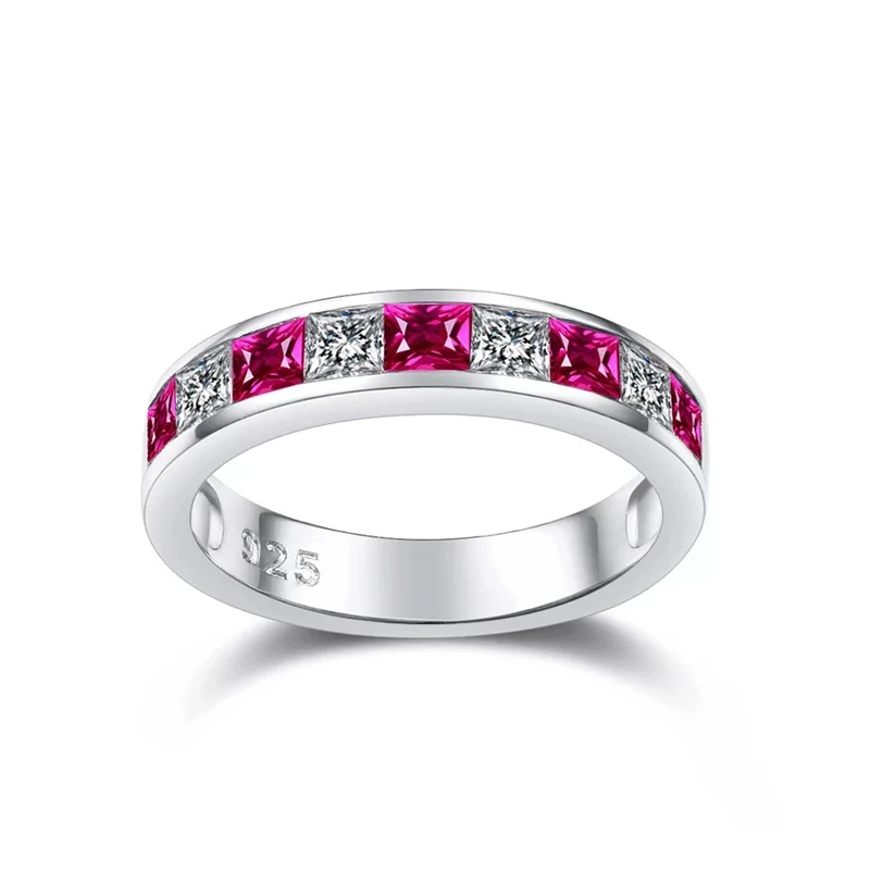 custom design 925 sterling silver red sapphire square stone rings women ladies sapphire channel set  stacking rings