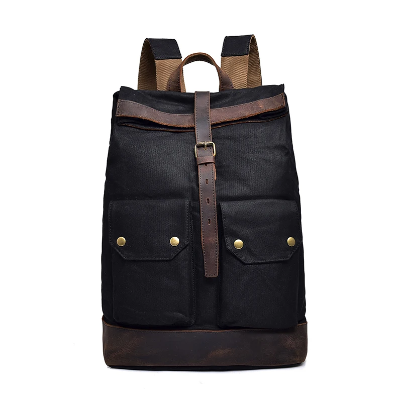 Vintage Men Student School Rucksack Laptop Bags wax Canvas Genuine Leather backpack