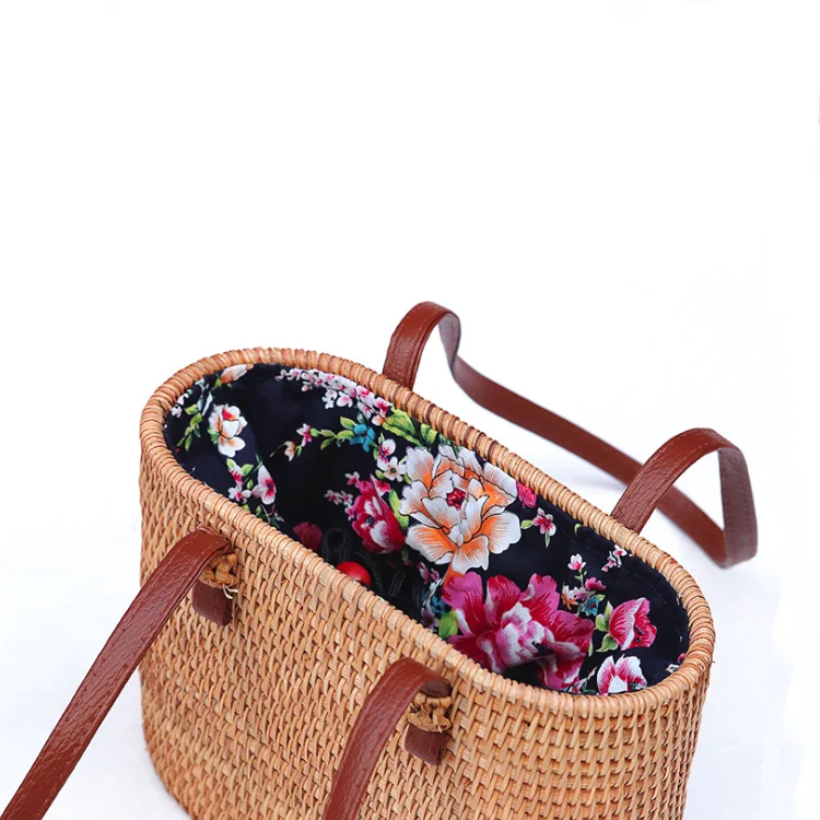 Bali Fashion Flower Lining Women Small Raw Beach Rattan Tote Bag For Vacation