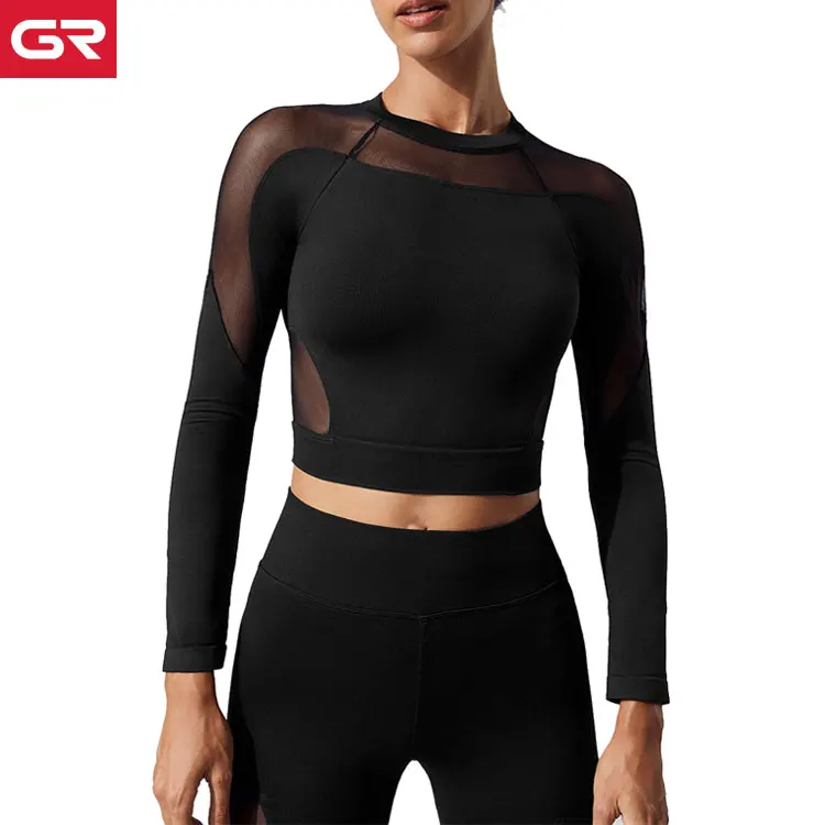 Sexy Mesh Crop Tank Top Moisture Wicking Custom Womens Long Sleeve Crop Top