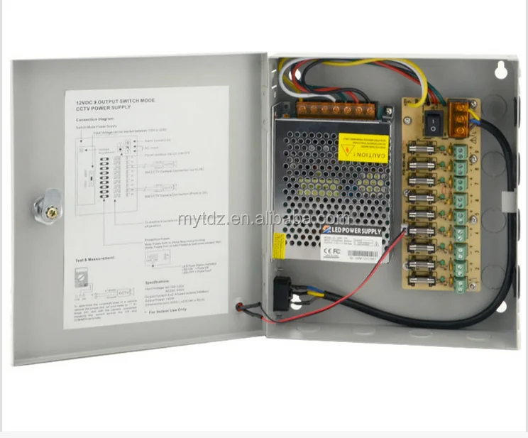 12V DC 9ch 10 Amps Power Supply Box for CCTV Security Cameras, Fused,
