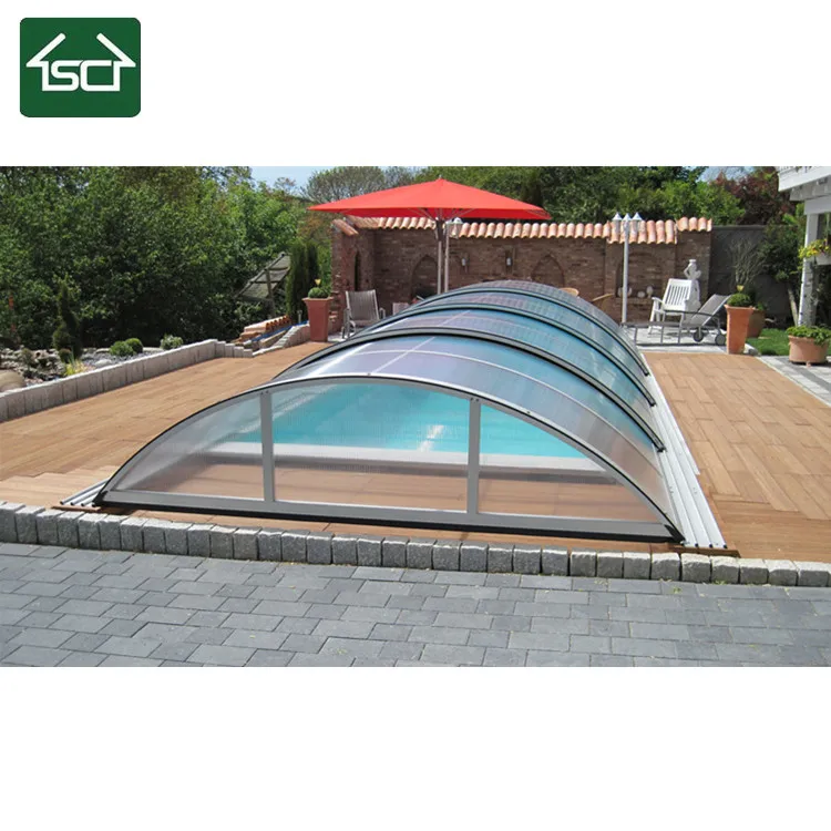 Polycarbonate swimming pool cover with durable aluminium frame design