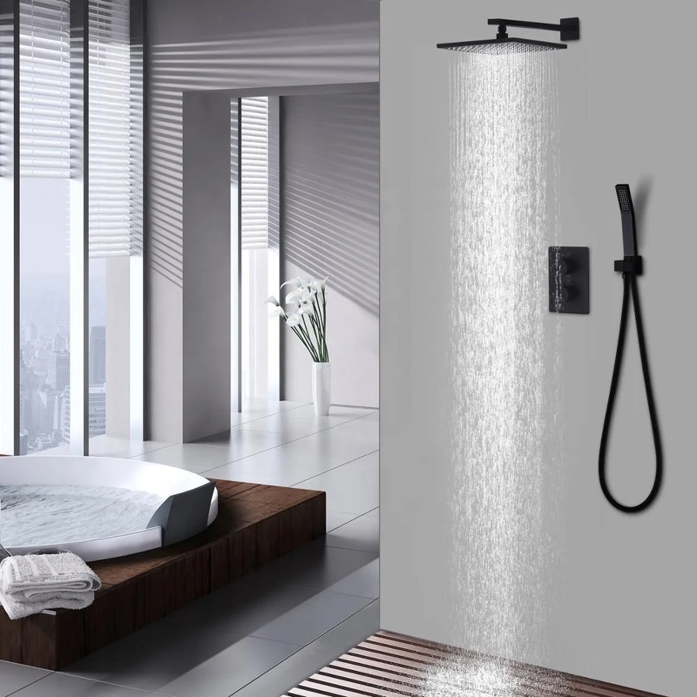 
Bathroom 10 Inch Wall Mounted Thermostatic Rainfall Head Faucet Black Shower Set 