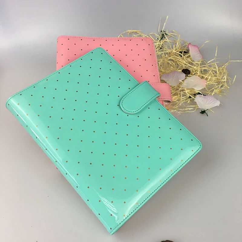 Shiny PVC leather custom binder planner with dot printing, 6 holes ring binder dotted day planner wholesale