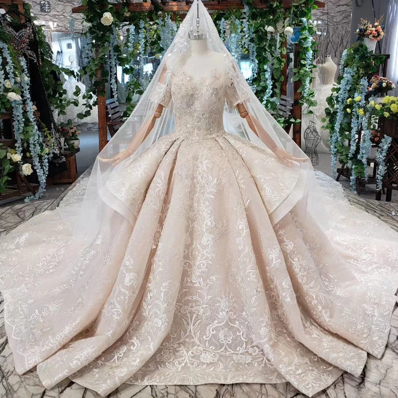 HTL454 2019 latest design lace applique custom made bridal gowns wedding dresses with veil