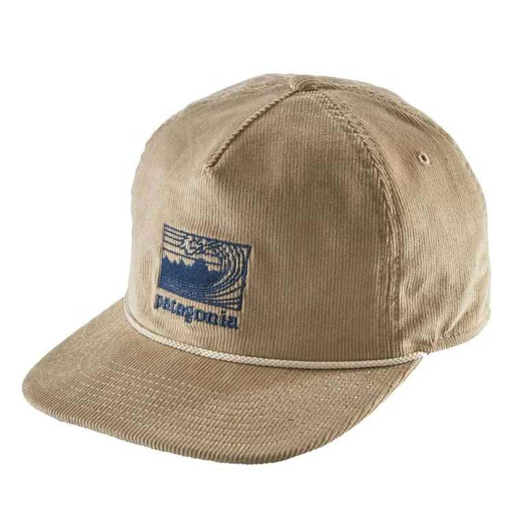 5 Panels Khaki Woven Label Snapback Cap Hat With Rope