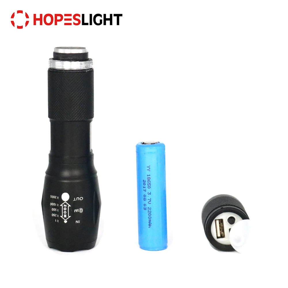 Wholesale Aluminum Zoomable Waterproof 18650 Battery XML T6 Tactical LED Flashlight with Power Bank