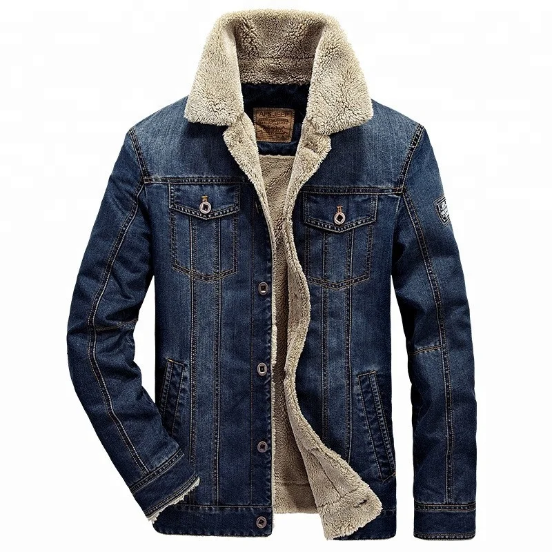 Men Denim  Jeans Jacket with Faux Fur Lining And Collar