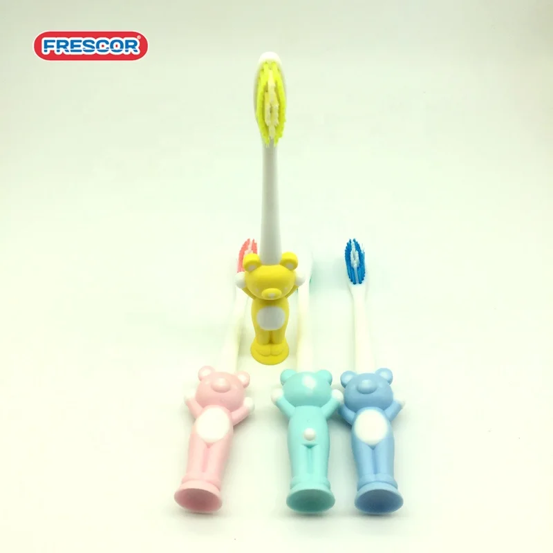 Customized Bear Cartoon handle kids toothbrush With suction cups