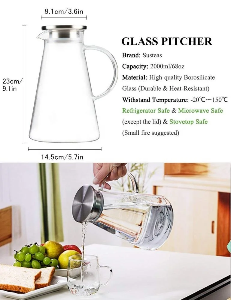 2000ml Clear Borosilicate Glass Water Pitcher Carafe Jug With Stainless Steel Lid For Homemade Juice