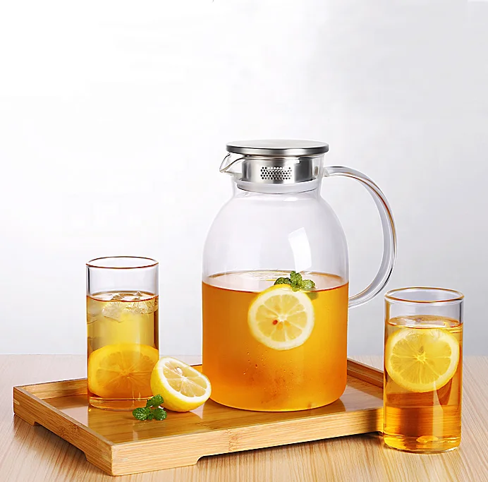 1500ml Heat-resistant Borosilicate Glass Pitcher With Stainless Steel Lid Hot or Cold Water Jug