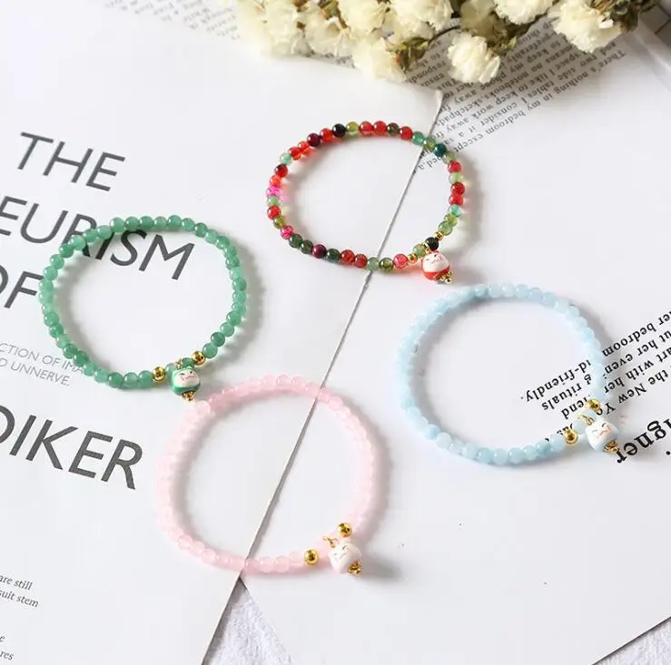 4mm Wholesale Myammar Green Jade Bead Bracelet with Fortune Cat