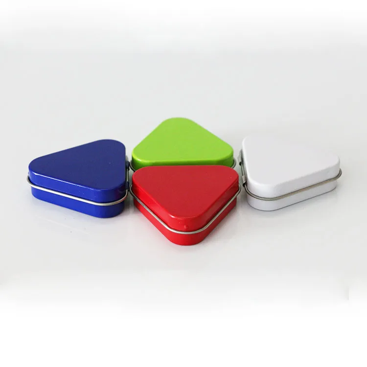First class food safe small candy mint tin box with hinged lid in triangle shape