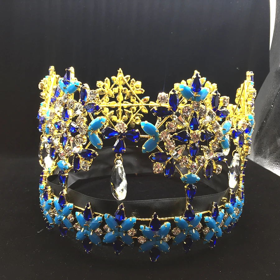 Full Round Crown Miss World Tiara Pageant Blue Stone Tall Crown