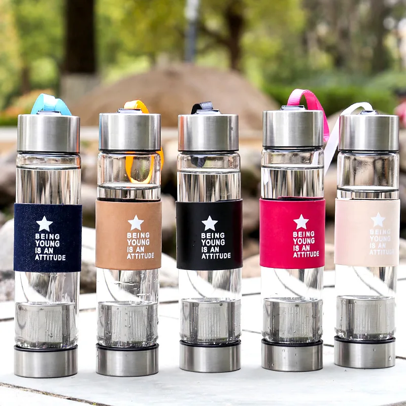 
FBA Borosilicate Glass Water Bottles With Tea Infuser And Stainless Steel Lids 