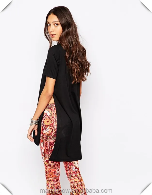 95% Cotton 5% Spandex Solid Black Womens T Shirt Dress Longline Tunic T-Shirt With Split Side Detail