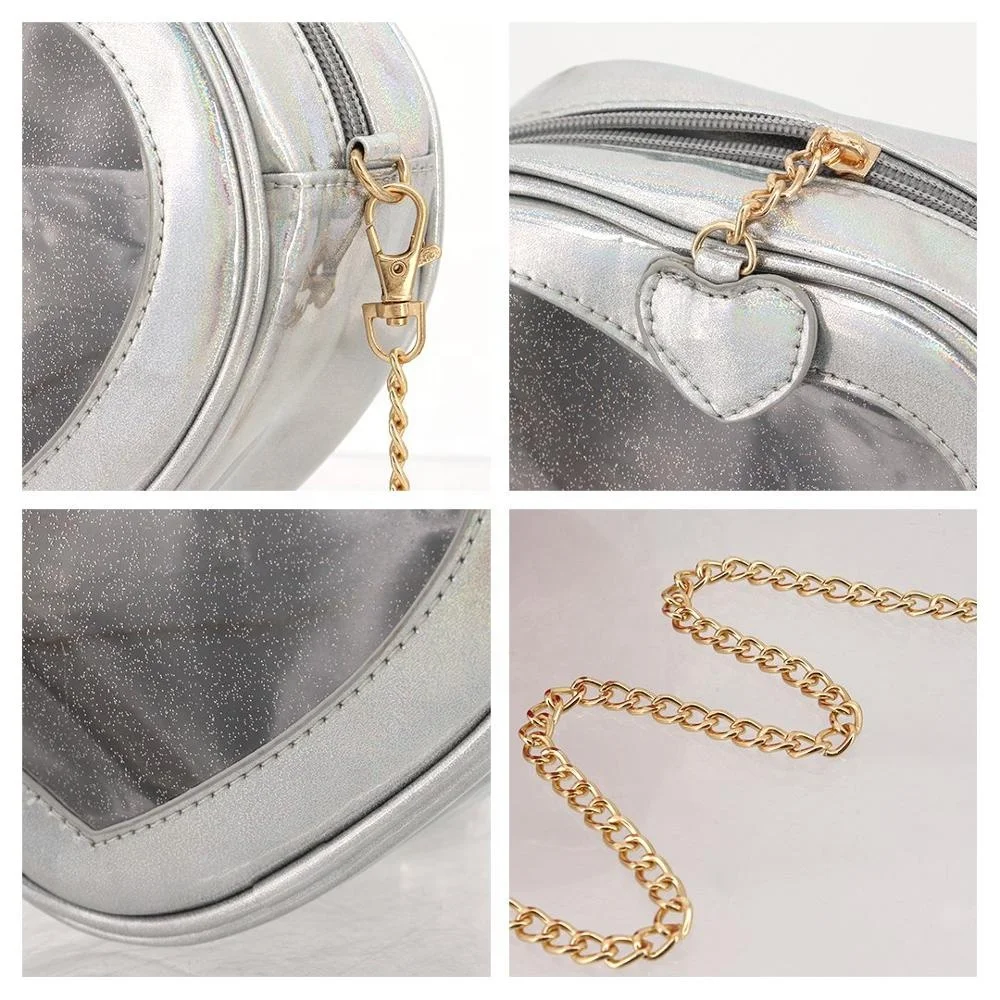 custom pins display Women Hologram Pu Leather Heart Shape Clutch Chains Purse ita Handbag Crossbody bag