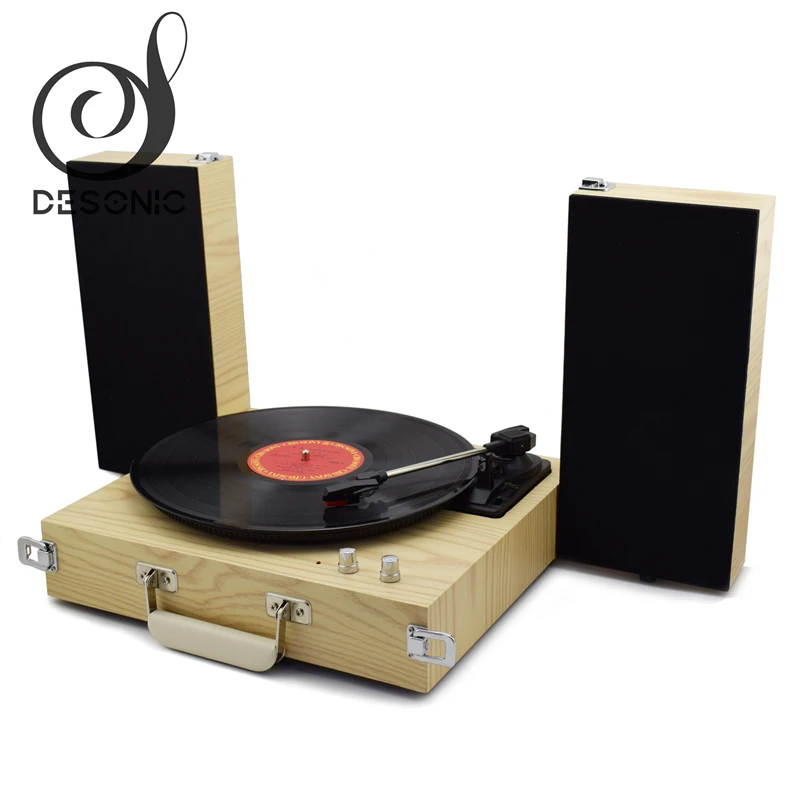 Compact design wooden gramophone record Player vinyl turntable with pitch control, RCA out& foldable Speakers