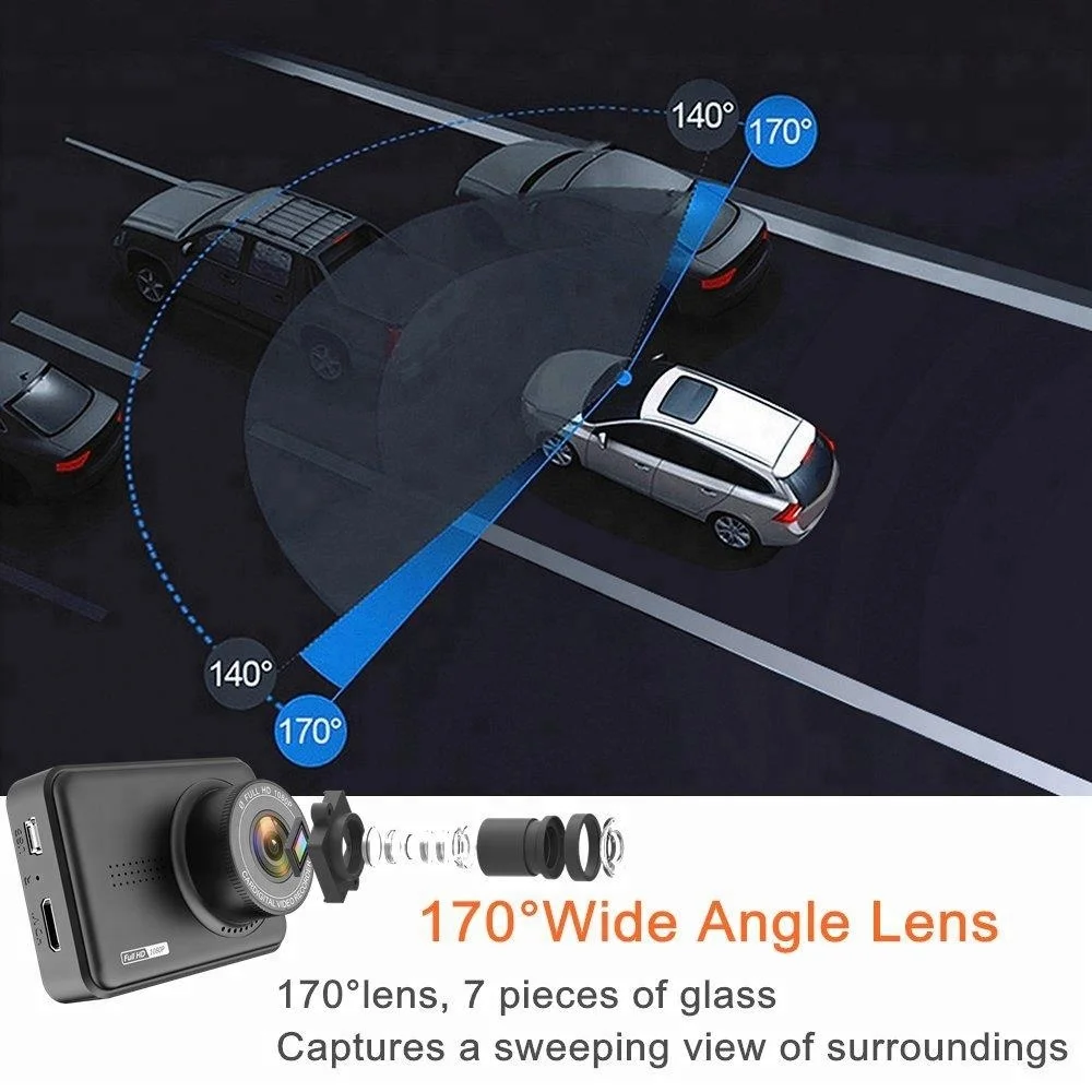 Mini 2.45 inch full hd 1080p 170 degree dual lens car dvr camera with night vision