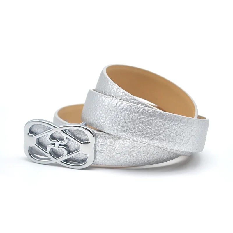 Carosung Wholesale 25mm Custom Pattern Designers Metal Plate Buckle Silver PU Vegan Leather Dress Belts Women Fashion Belt